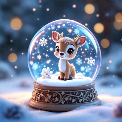 The primary subject of the image is a deer figurine, which is sitting on top of a snow globe. The setting is a winter scene, with the deer figurine being the main focus. The visual style is a combination of digital art and illustration, creating a whimsical and festive atmosphere. The colors are predominantly white and blue, with the snow globe adding a touch of white to the scene.